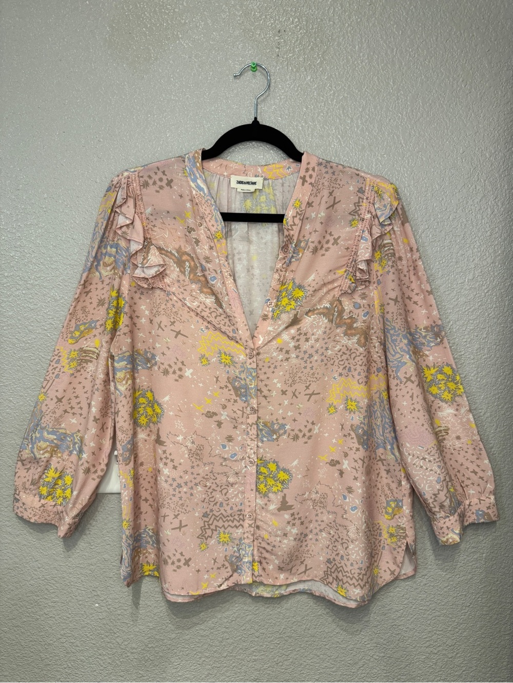 Zadig & Voltaire Tygg Print Glam‎ Rock Blouse Pink Ruffle V-Neck Boho Top